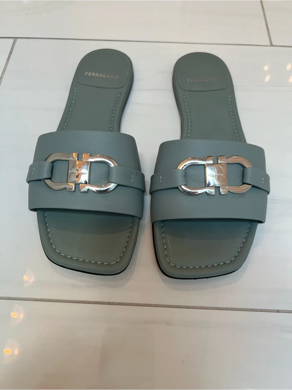 Salvatore Ferragamo Women's Leah Lucky Charm Gancini Slides, Mint Green, 7 C